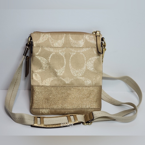 Coach Gold Metallic Signature C Crossbody *Cream/Gold* EUC - Picture 2 of 15
